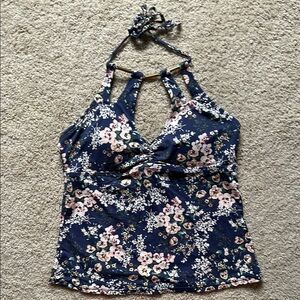 4/$20 Ambrielle Floral Halter Swim Top - Navy, size S